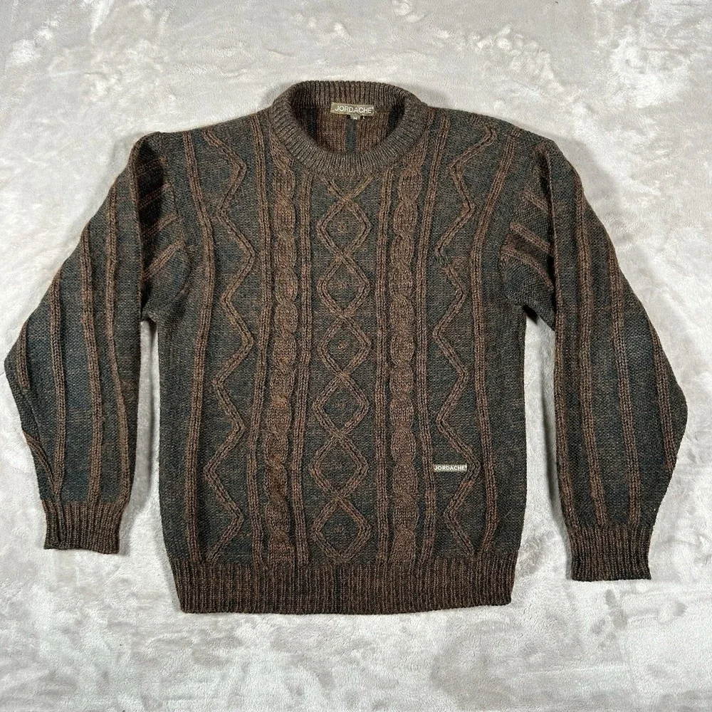 VTG Jordache Cable Knit Sweater Mens M Brown Mohair Wool Coogi-Style 3D Textured - Picture 1 of 15